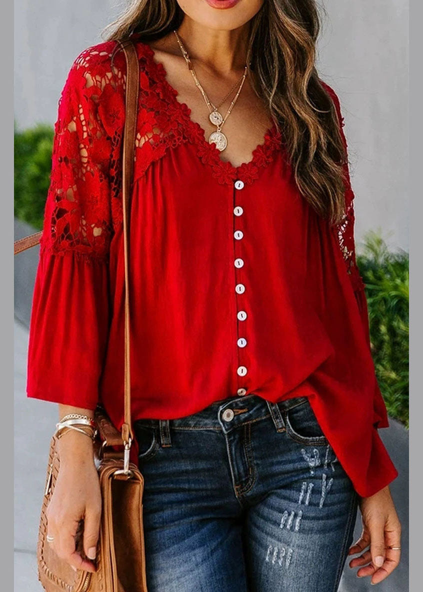 Red Lace Patchwork Top Fall