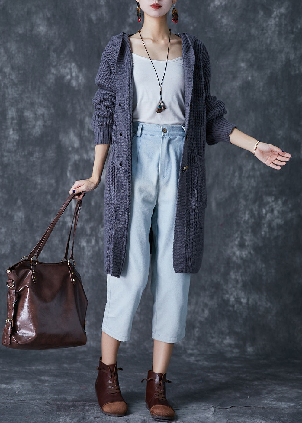 Grey Hooded Oversized Knit Cardigan Fall