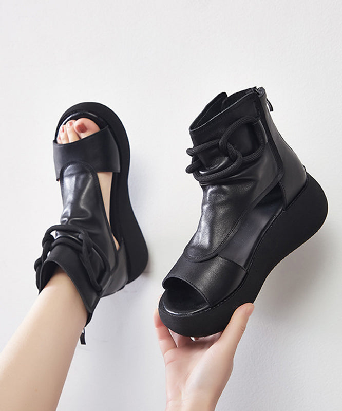 Brown Cowhide Leather Sandals Lace Up Sandals