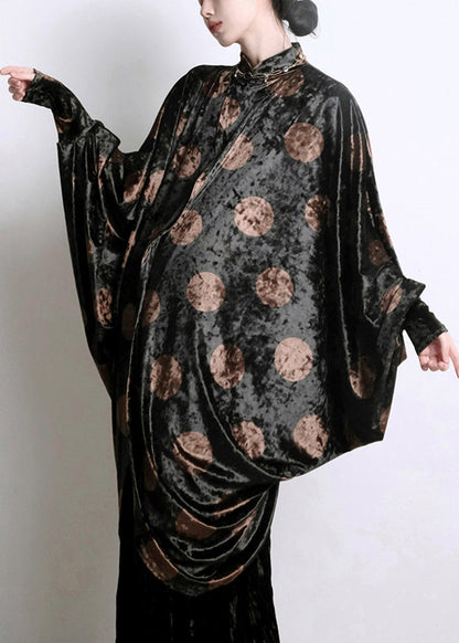Black Asymmetrical Print Silk Velour Shirts Batwing Sleeve