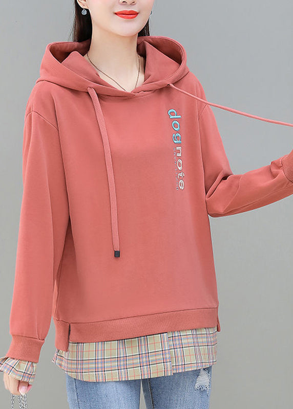 Red Patchwork Fake Two Pieces Hooded Cotton Sweatshirt Long Sleeve
