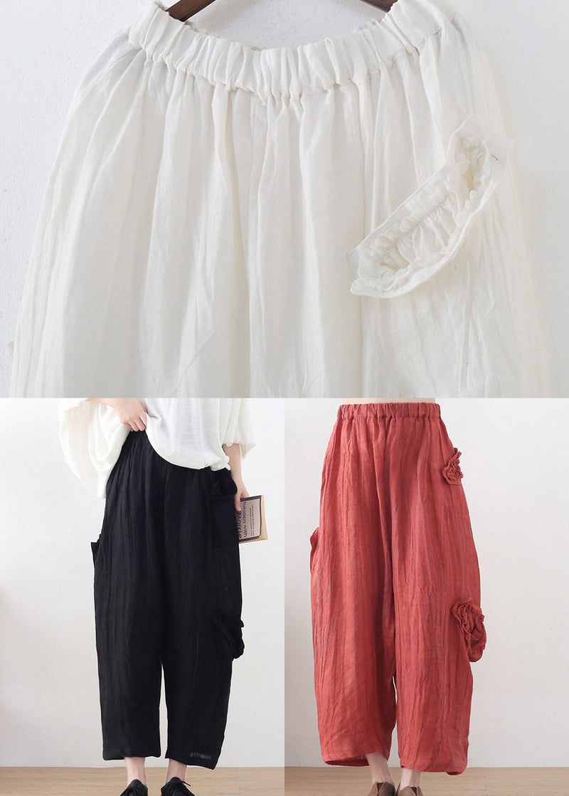 Black High Waist Pockets Linen Wide Leg Pants Summer