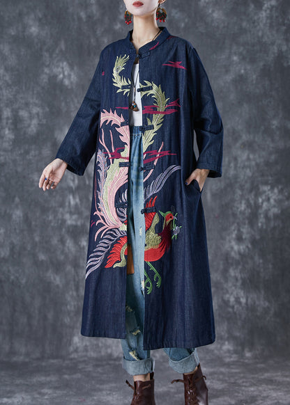 Navy Phoenix Embroideried Chinese Button Denim Trench Fall