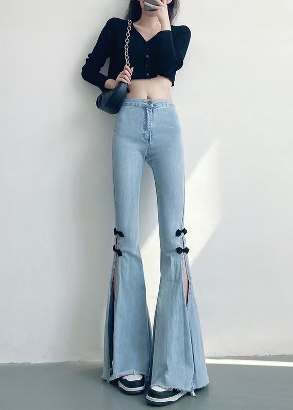Diy Light Blue Chinese Button Side Open Denim Flare Bottoms Spring