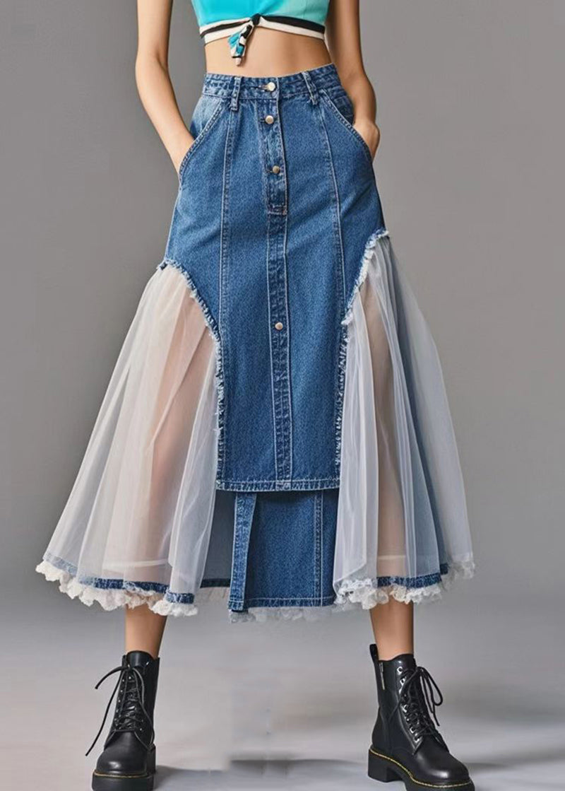 Art Blue Silm Fit Patchwork Tulle Denim a Line Skirt Spring