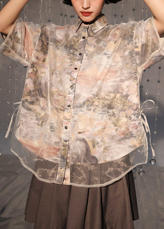 Boutique Peter Pan Collar Lace Up Patchwork Organza Shirt Summer