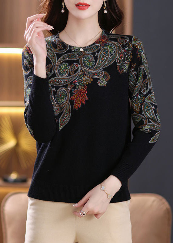 Black O Neck Zircon Patchwork Wool Sweaters Long Sleeve