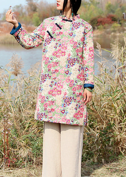 New Pink Chinese Button Print Patchwork Cotton Mid Dresses Fall