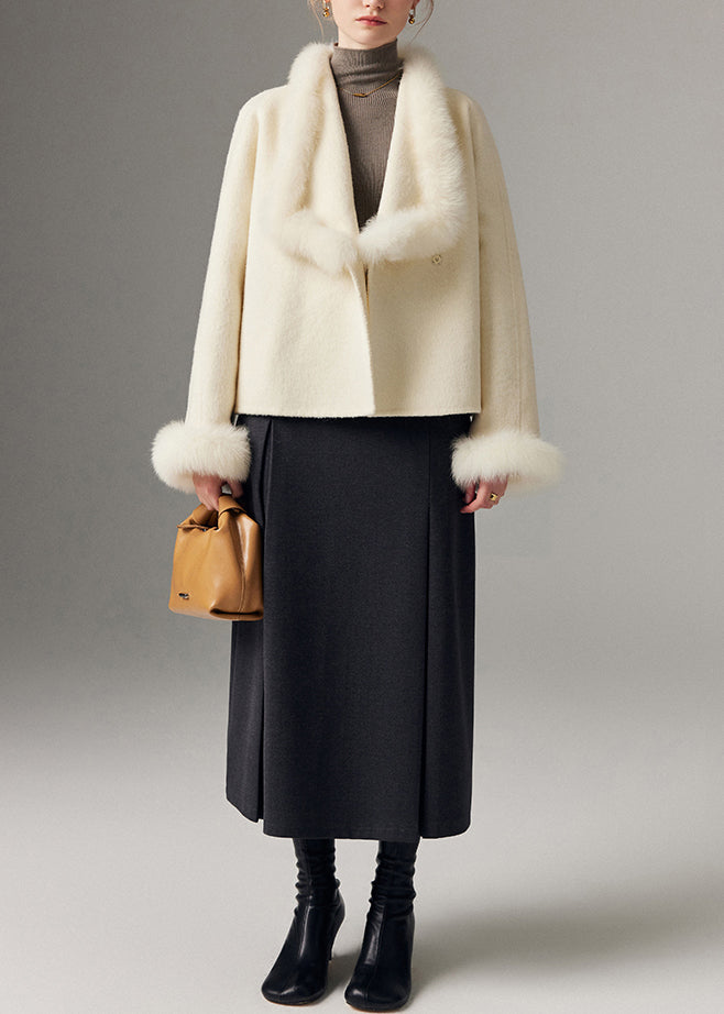 White Peter Pan Collar Patchwork Fox Fur Wool Cardigan Winter