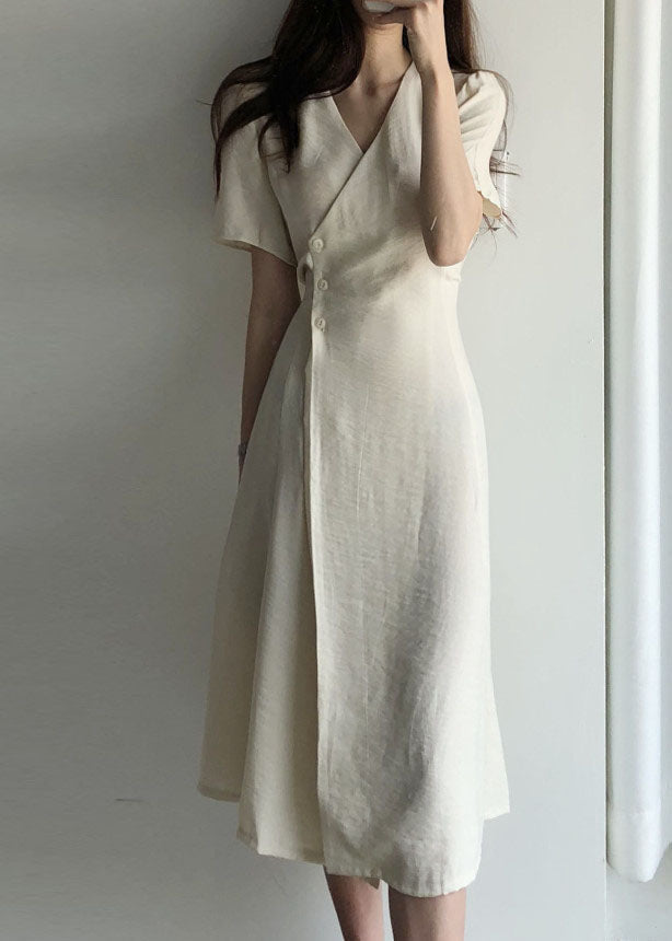 Boutique Beige V Neck Cotton Long Dresses Short Sleeve Summer