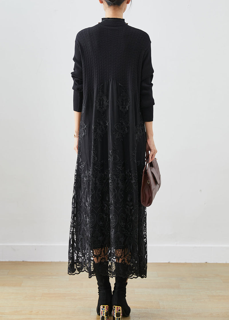 Handmade Black Embroideried Patchwork Knit Dress Fall