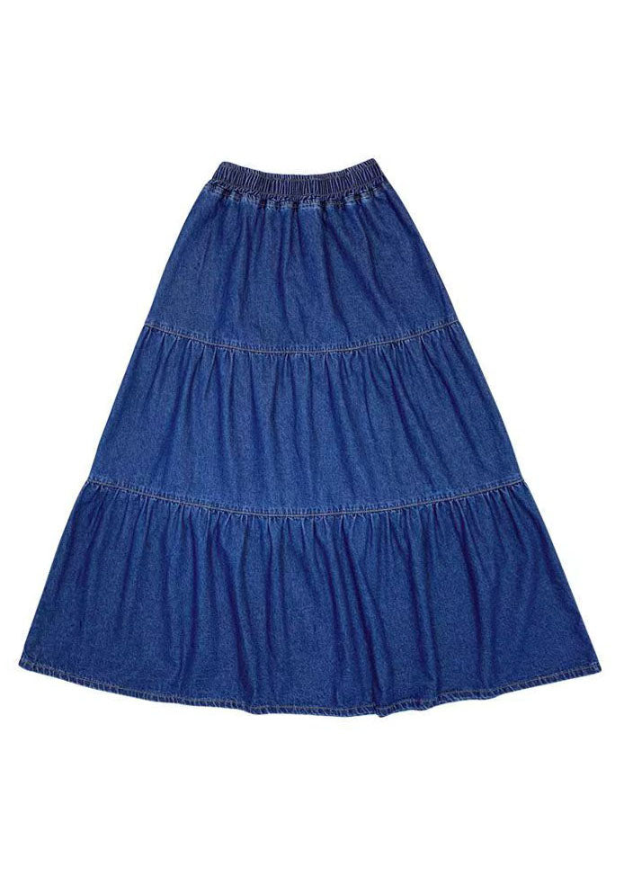 Blue Elastic Waist Patchwork Wrinkled Exra Large Hem Cotton a Line Skirt Summer