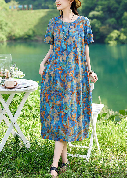 Classy Blue O-neck Print Cotton Long Dress Summer