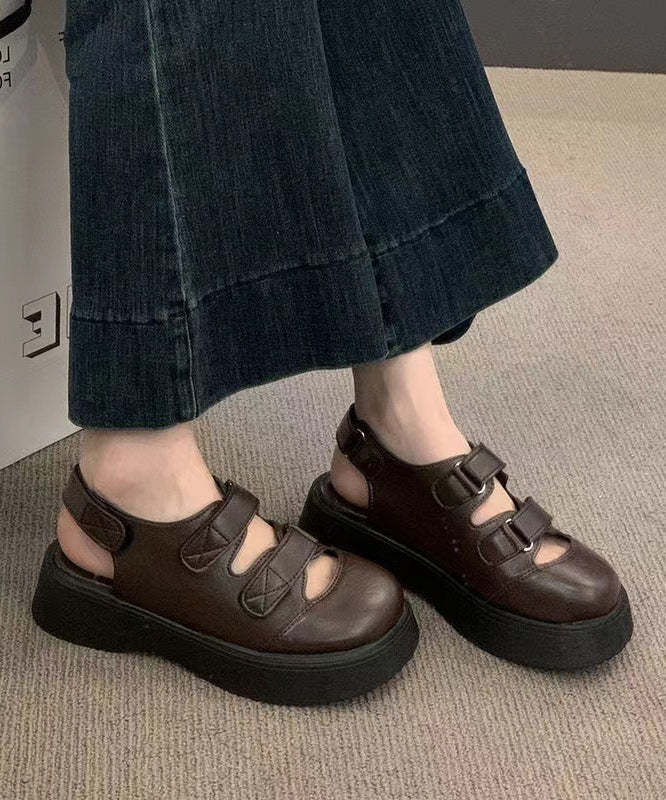 Brown Faux Leather Sandals Splicing Hollow Out Sandals