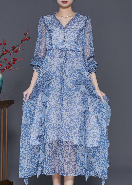 Blue Ruffled Patchwork Print Chiffon Cinched Dress Spring