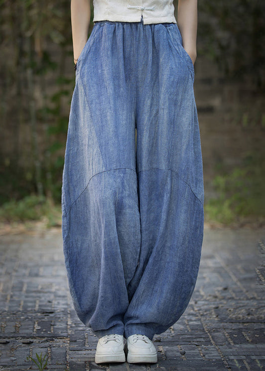 Blue Pockets High Waist Linen Summer Pants