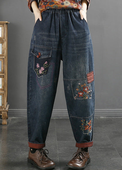 Loose Blue Embroideried Pockets Elastic Waist Jeans Fall