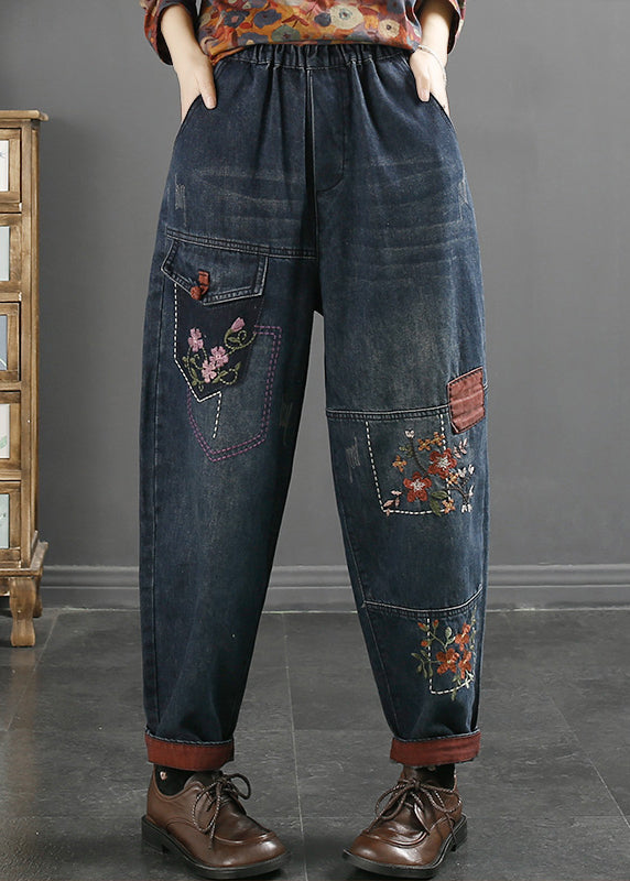 Loose Blue Embroideried Pockets Elastic Waist Jeans Fall