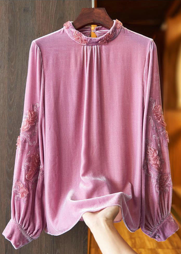Pink Stand Collar Embroideried Velour Top Long Sleeve