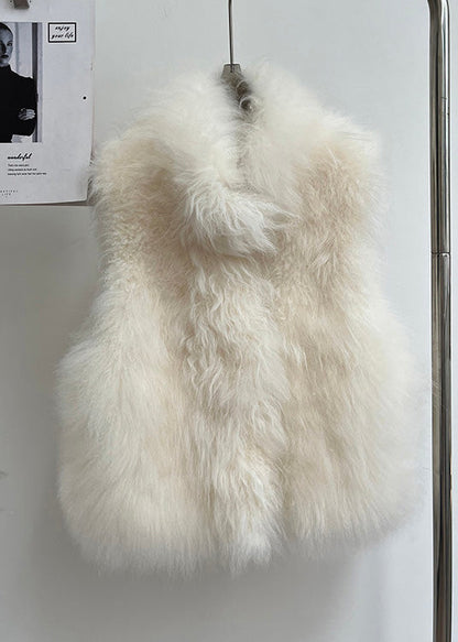 Handmade Beige Stand Collar Leather and Fur Coat Sleeveless