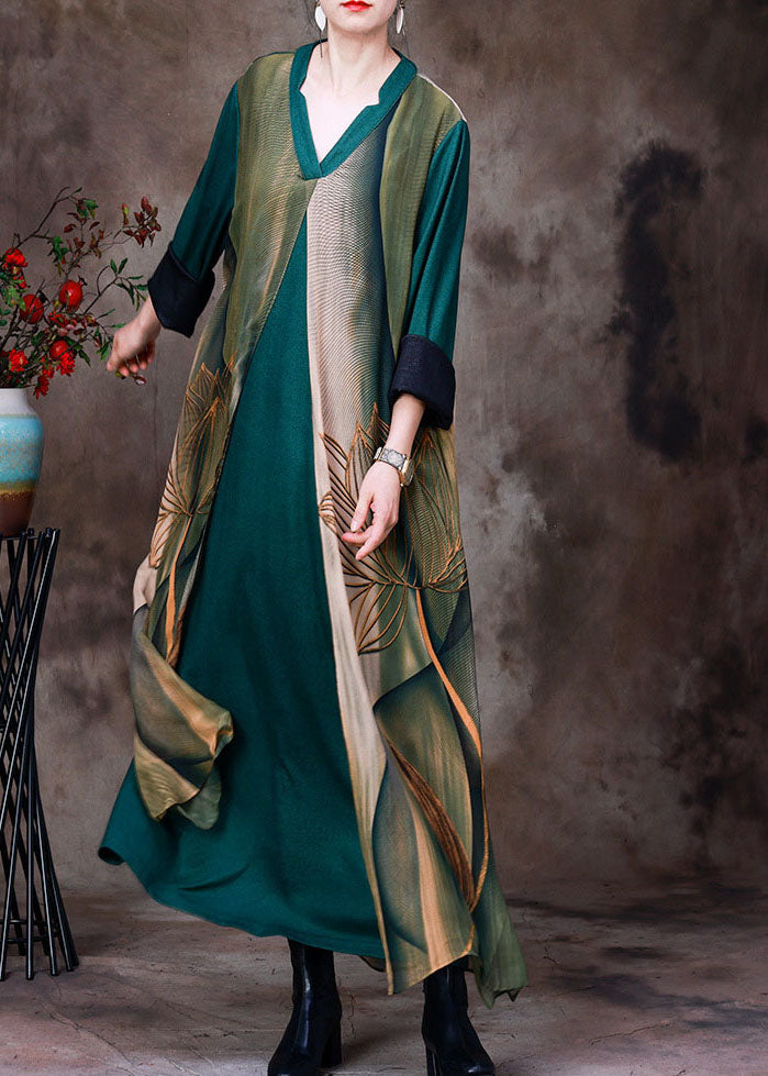 Green V Neck Patchwork Layered Silk Vacation Dresses Bracelet Sleeve