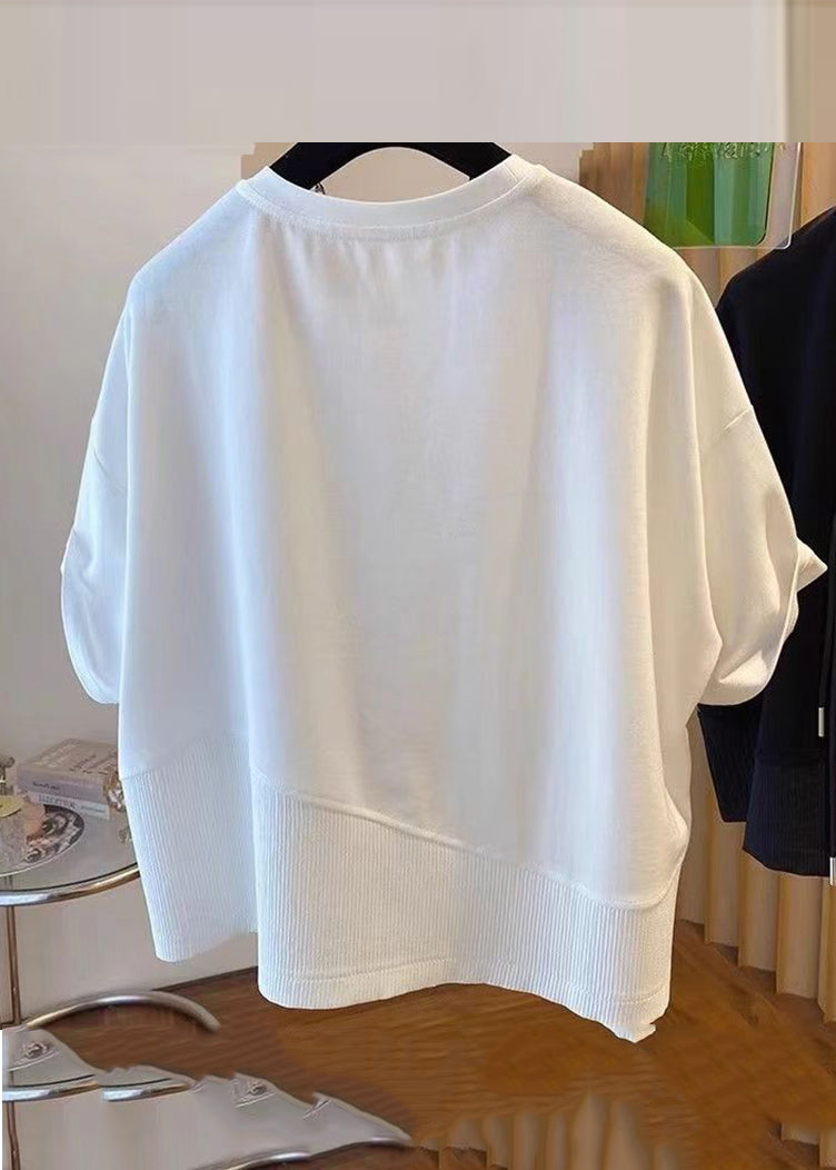 Black O-neck Asymmetrical Patchwork Zippered T Shirts Short Sleeve