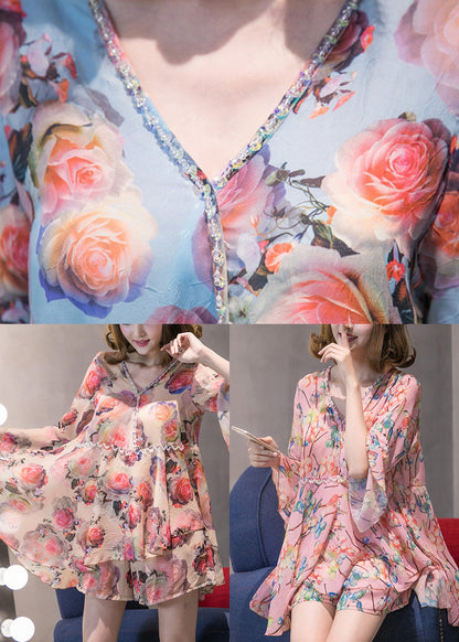 Orange Pink Patchwork Chiffon Top Hot Pants Two Pieces Set Flare Sleeve
