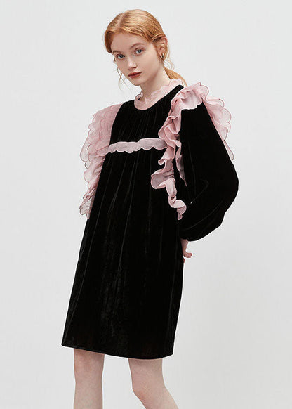 Black Stand Collar Patchwork Ruffled Velour Mid Dresses Spring