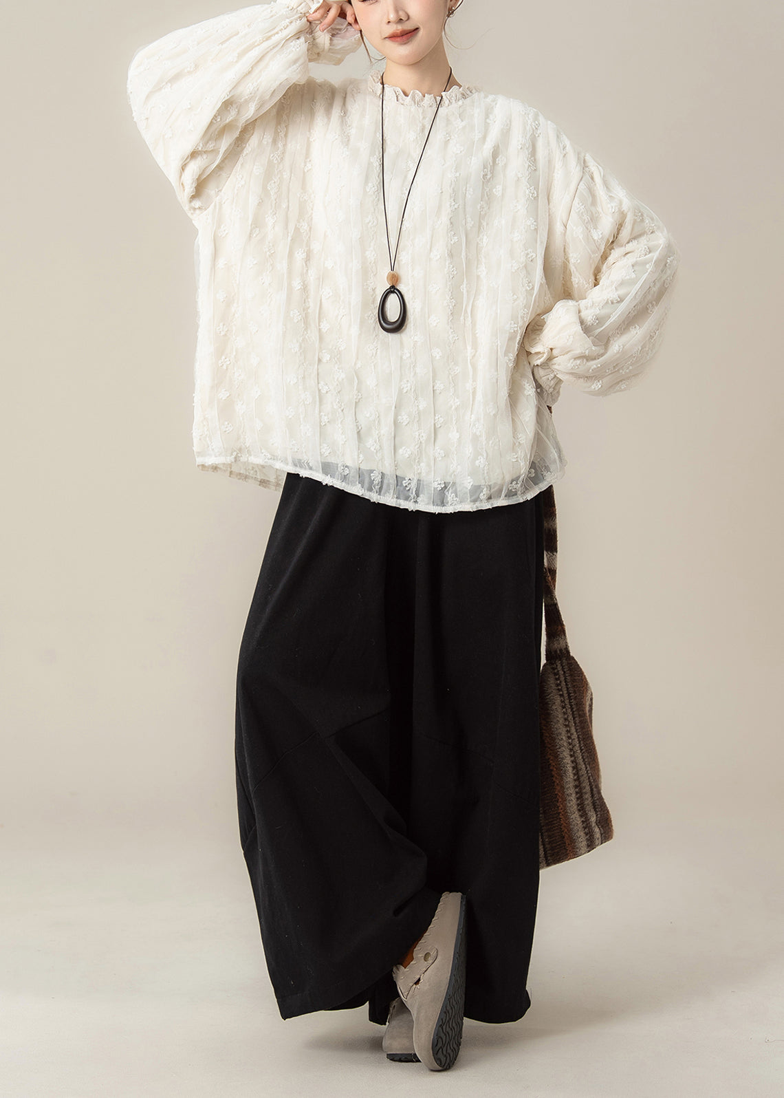 Korean Style Sweet Apricot Long Sleeved Lace Top and Pants 2 Piece Outfit
