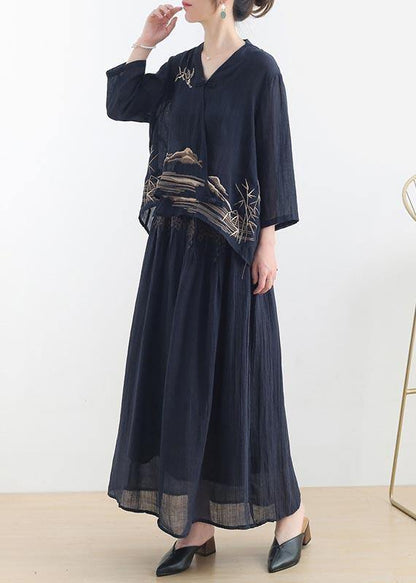 Birds Over the Clouds-navy Low High Linen Outfit Summer Shirt & Pants Two Pieces Set