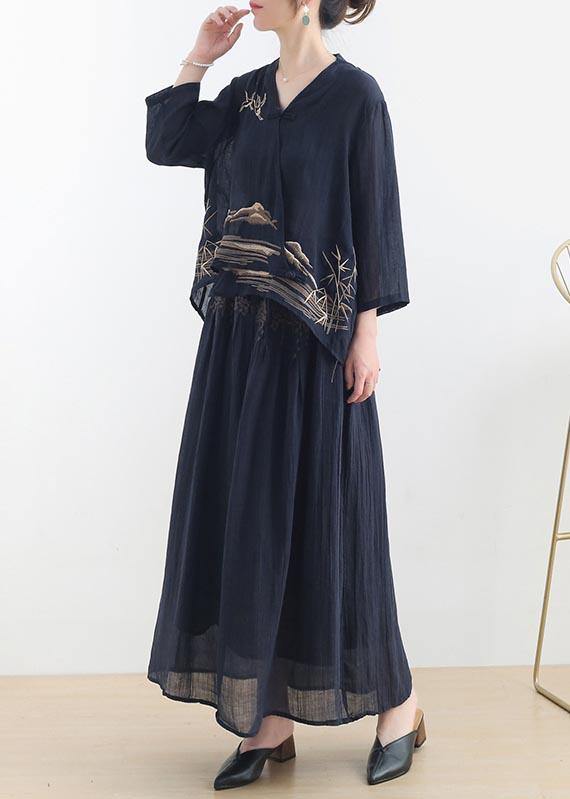 Birds Over the Clouds-navy Low High Linen Outfit Summer Shirt & Pants Two Pieces Set