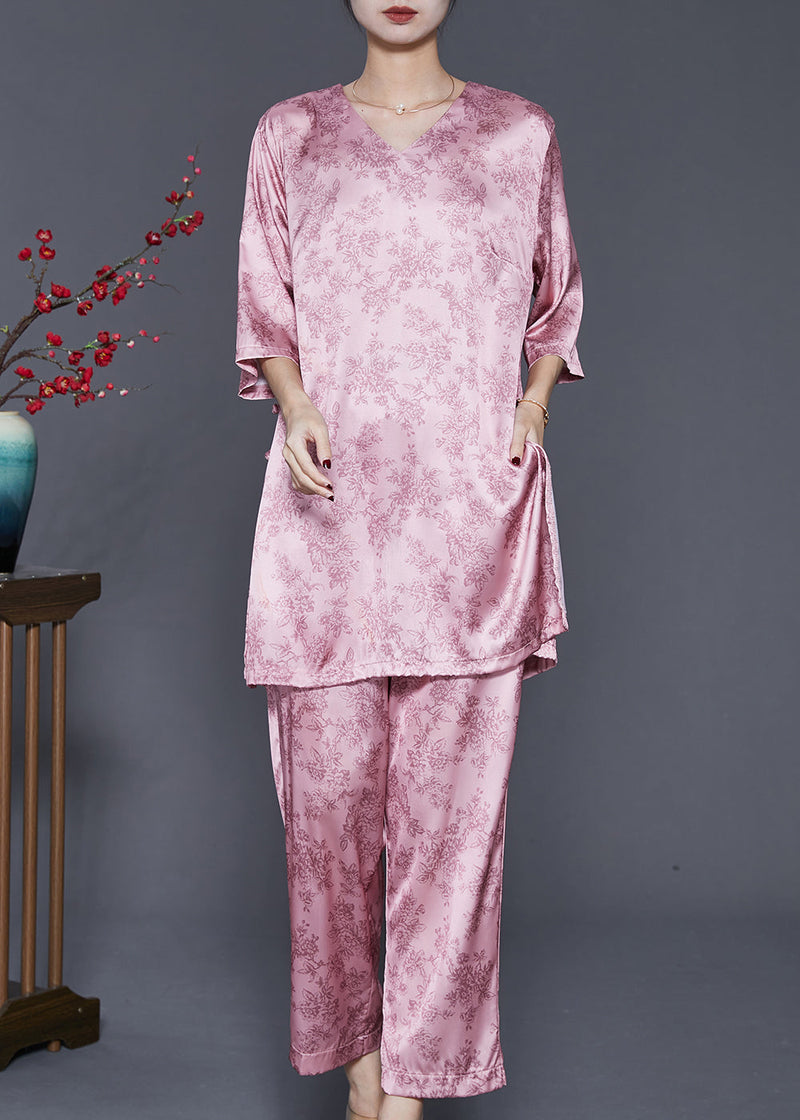 Pink Oversized Print Silk Two Pieces Set Spring