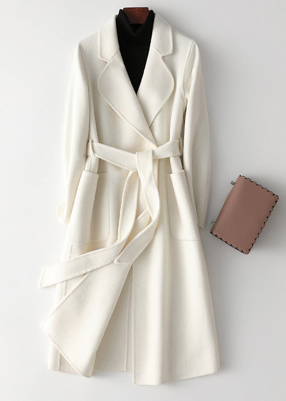 White Notched Tie Waist Woolen Long Coats Fall