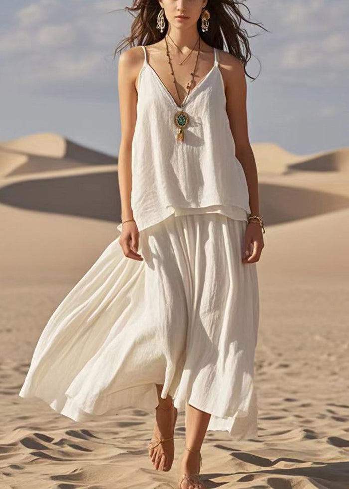 White V Neck Patchwork Cotton Spaghetti Strap Dress Summer