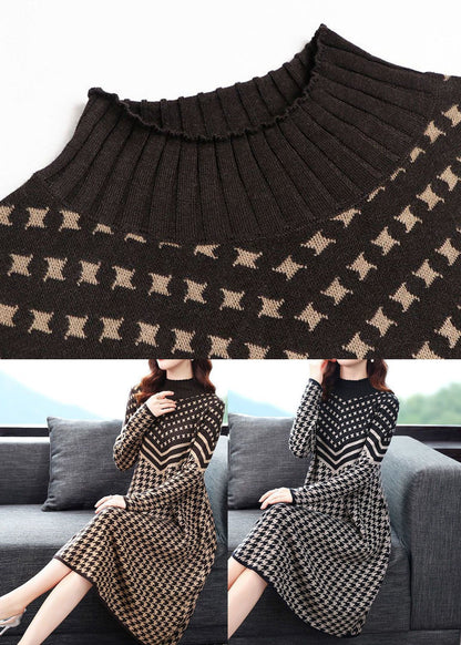 Camel High Neck Print Long Knit Dress Long Sleeve