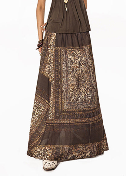 Fitted Coffee Print Elastic Waist a Line Skirt Summer