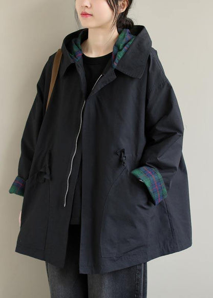 Organic Black Fine Coats Blouses Inspiration Hooded Zip Up Spring Jackets