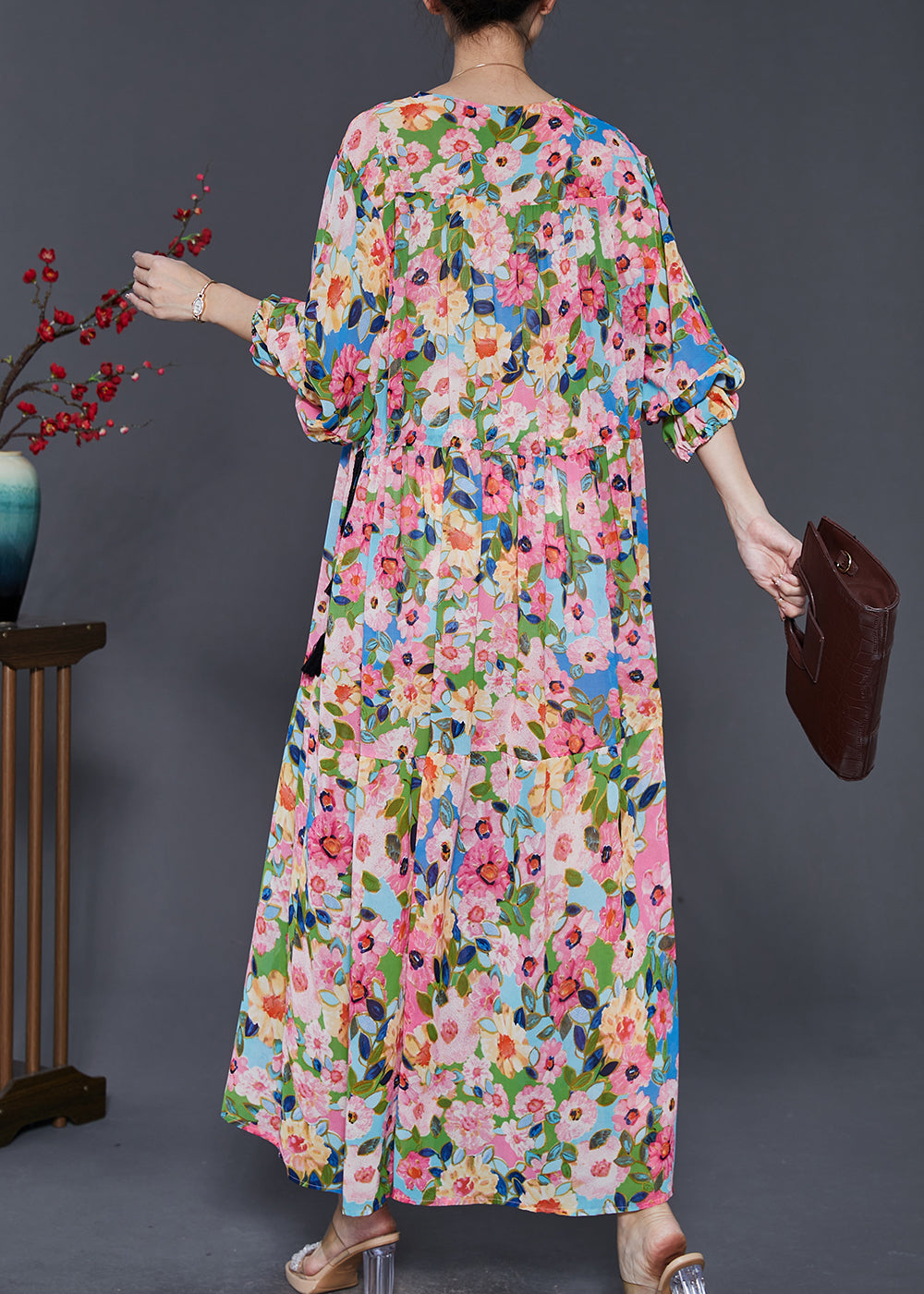 Art Pink Print Exra Large Hem Chiffon Cinched Dresses Spring