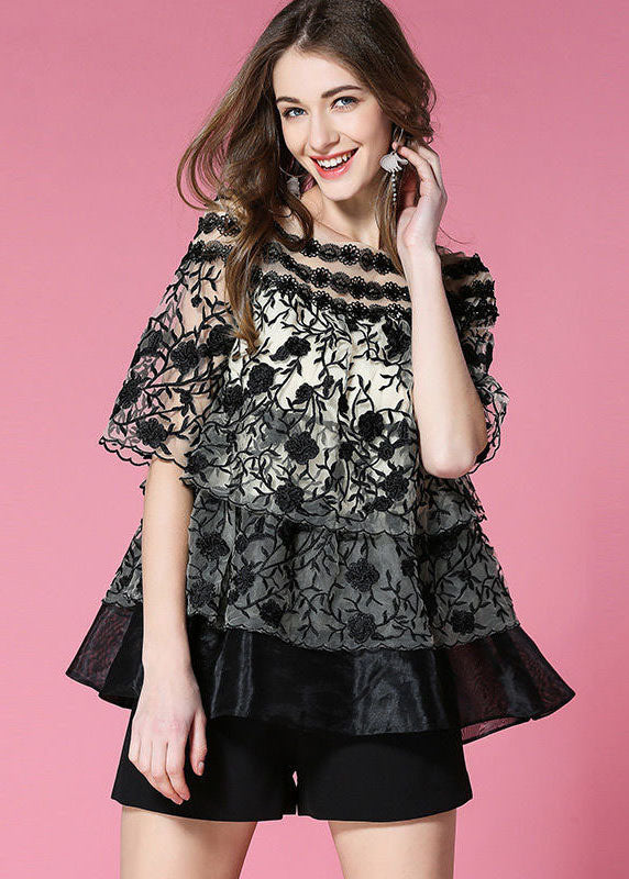 Black O-neck Embroideried Organza Tops Summer