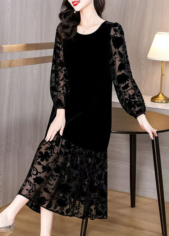 French Black O Neck Pockets Silk Velour Long Dress Spring
