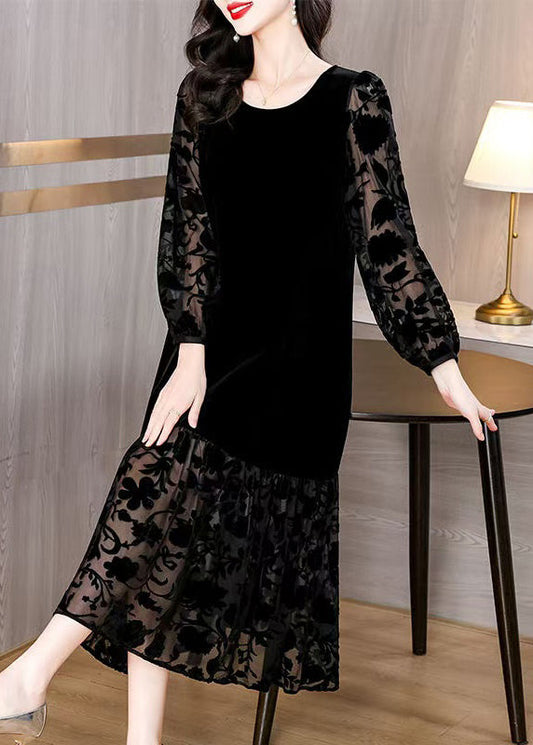 French Black O Neck Pockets Silk Velour Long Dress Spring