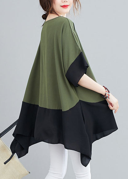 Green O Neck Patchwork Chiffon T Shirts Top Summer