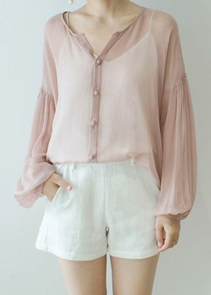 Loose Blackish Green Button Thin Silk Blouses Spring