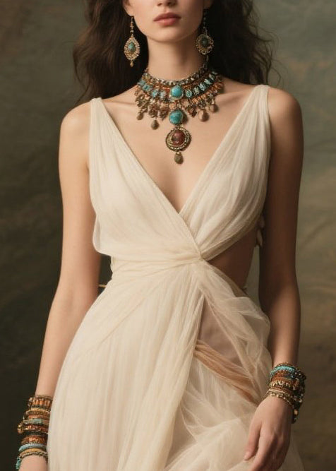 White V Neck Exra Large Hem Tulle Robe Dresses Summer