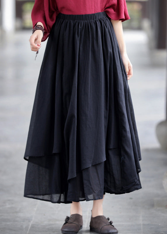 Khaki Elastic Waist Asymmetrical Design Layered Linen Skirts Summer