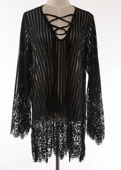 Black Tying Rope Mid Dress Summer Lace Dress