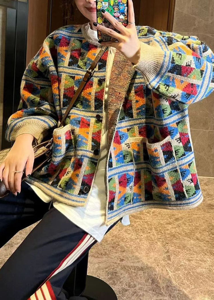French Multicolor O-neck Print Cotton Knit Coat Fall