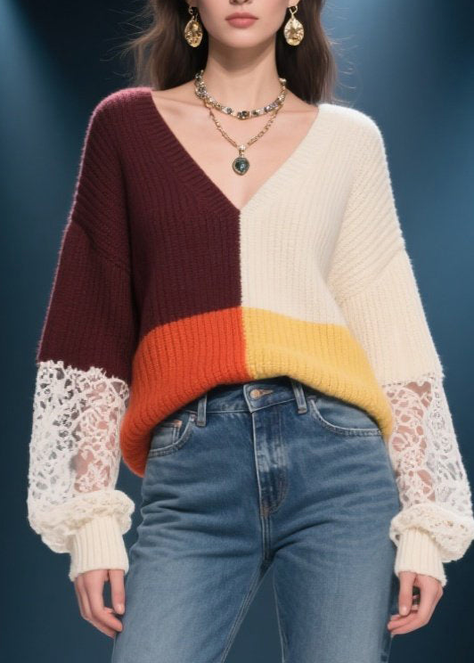 Colorblock V Neck Lace Patchwork Knit Sweater Fall