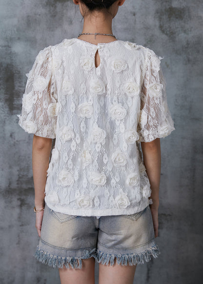 White Puff Sleeve Lace Shirts Summer