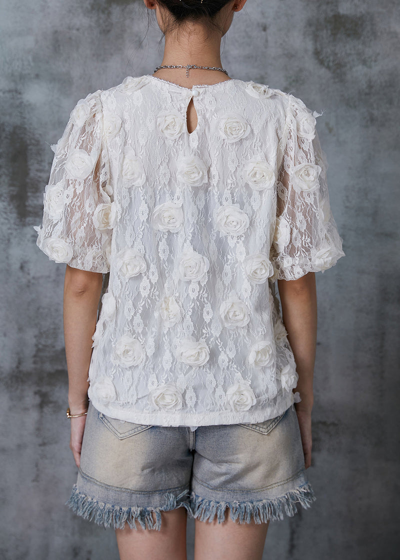 White Puff Sleeve Lace Shirts Summer